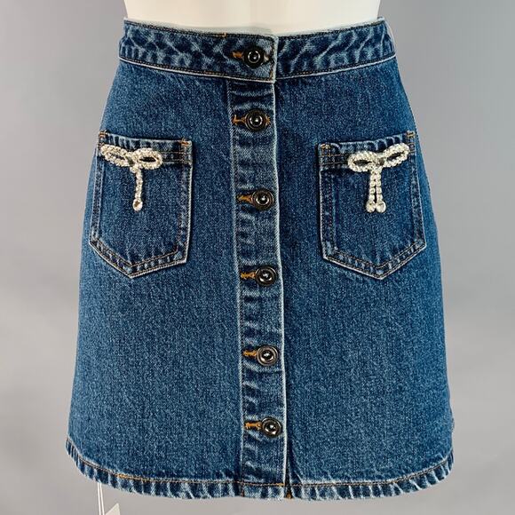 SELF-PORTRAIT Size 4 Diamante Bow Blue Cotton Rhinestones A-Line Mini Skirt - Picture 1 of 7
